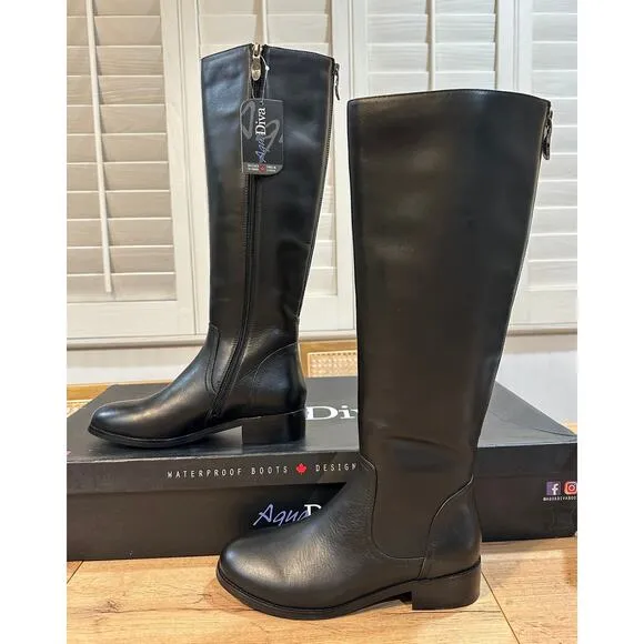 Aqua Diva Montreal Black Tall Boots Leather Size 6.5 Waterproof Back Side Zipper