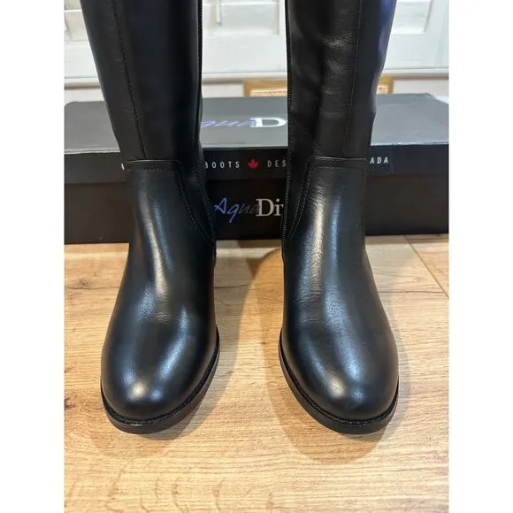 Aqua Diva Montreal Black Tall Boots Leather Size 6.5 Waterproof Back Side Zipper