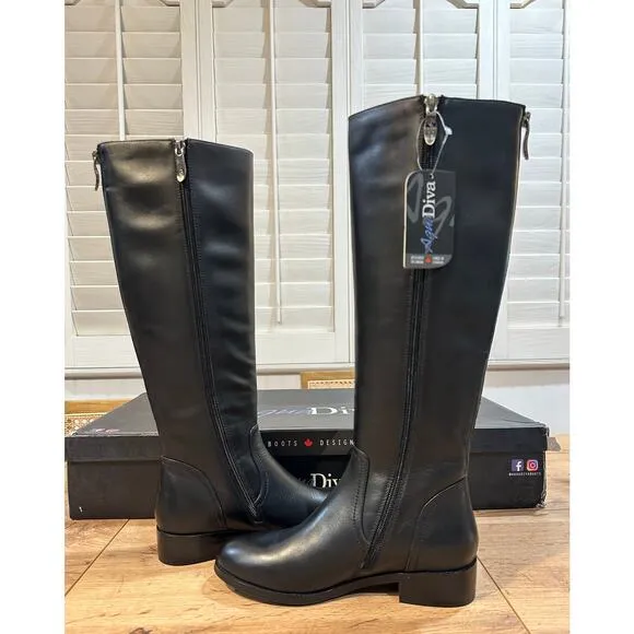 Aqua Diva Montreal Black Tall Boots Leather Size 6.5 Waterproof Back Side Zipper