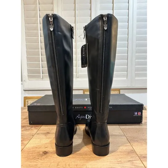 Aqua Diva Montreal Black Tall Boots Leather Size 6.5 Waterproof Back Side Zipper