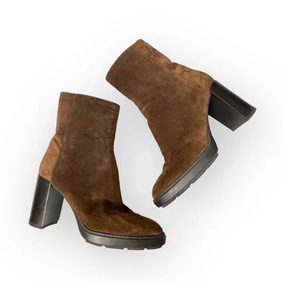 Aquatalia Isla Calf Ankle Brown Suede Block Heel Boots Womens Size 10