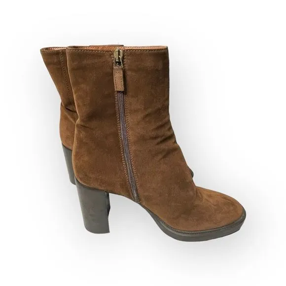 Aquatalia Isla Calf Ankle Brown Suede Block Heel Boots Womens Size 10