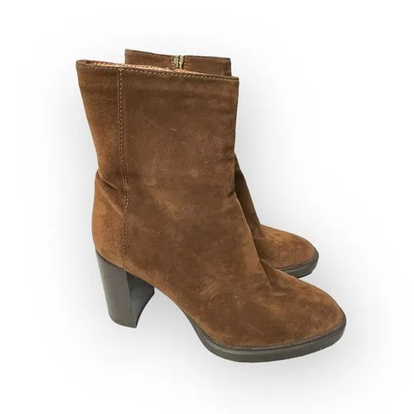 Aquatalia Isla Calf Ankle Brown Suede Block Heel Boots Womens Size 10