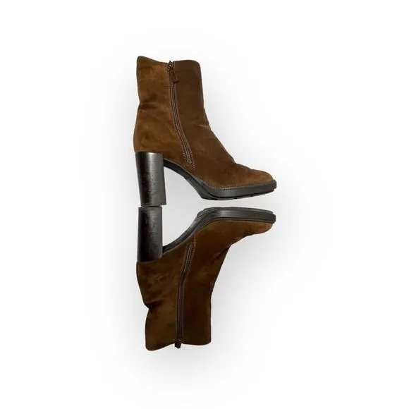 Aquatalia Isla Calf Ankle Brown Suede Block Heel Boots Womens Size 10