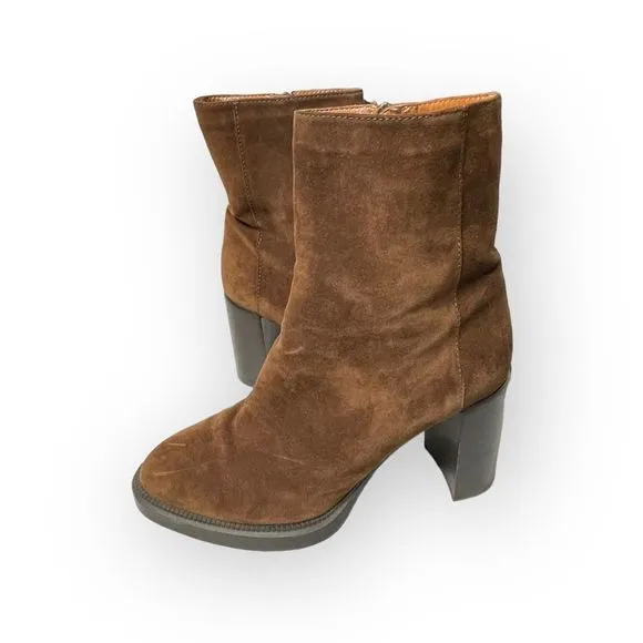 Aquatalia Isla Calf Ankle Brown Suede Block Heel Boots Womens Size 10