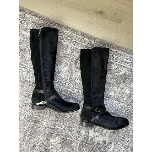 Aquatalia Marvin K Calf Hair Black Leather Riding Boots 8 Made in Italy Tall