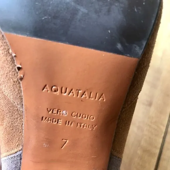 AQUATALIA Suede Leather Ankle Boots Vlada Tan Gray Booties Stacked Heel Italy