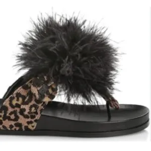 Aquazzura Boudoir Feather-Trimmed Black Animal Print Thong Sandals 7.5