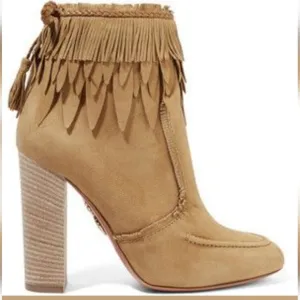 AQUAZZURA Tiger Lily Cappuccino Suede Fringe Tassel Bootie 105 Ankle Boots Size