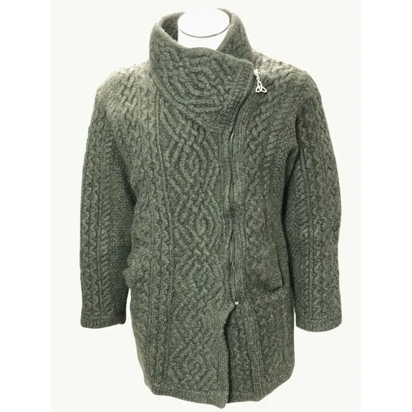 Aran Crafts Ireland XL Green Merino Wool Cable Knit Funnel Neck Cardigan Sweater