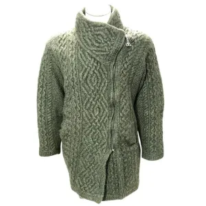 Aran Crafts Ireland XL Green Merino Wool Cable Knit Funnel Neck Cardigan Sweater