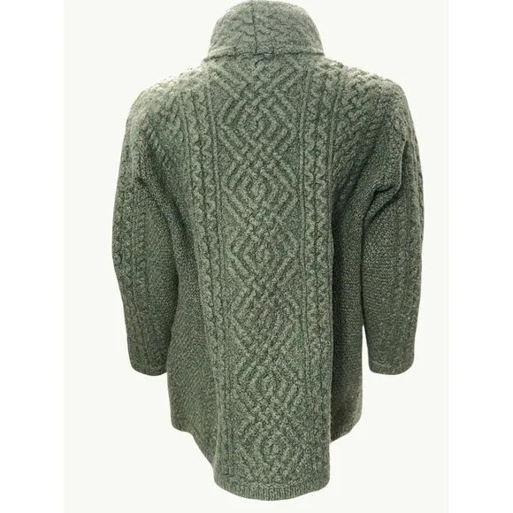 Aran Crafts Ireland XL Green Merino Wool Cable Knit Funnel Neck Cardigan Sweater