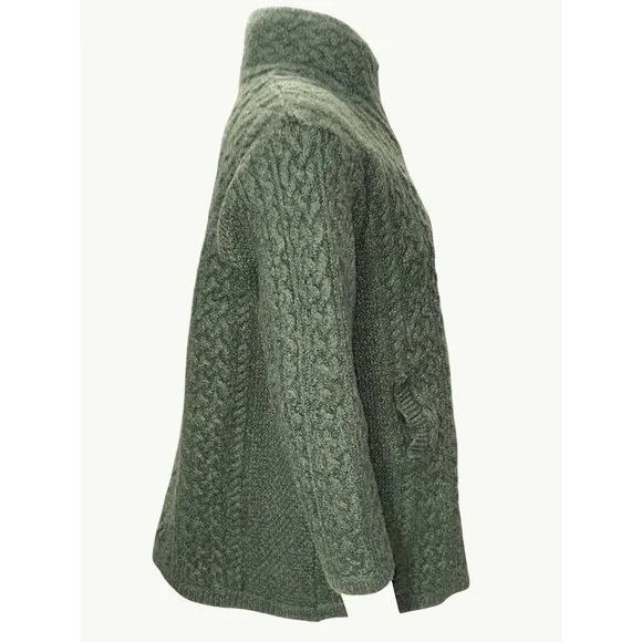 Aran Crafts Ireland XL Green Merino Wool Cable Knit Funnel Neck Cardigan Sweater