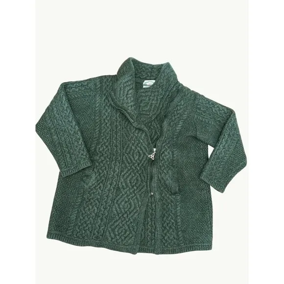 Aran Crafts Ireland XL Green Merino Wool Cable Knit Funnel Neck Cardigan Sweater