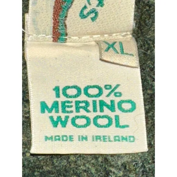Aran Crafts Ireland XL Green Merino Wool Cable Knit Funnel Neck Cardigan Sweater