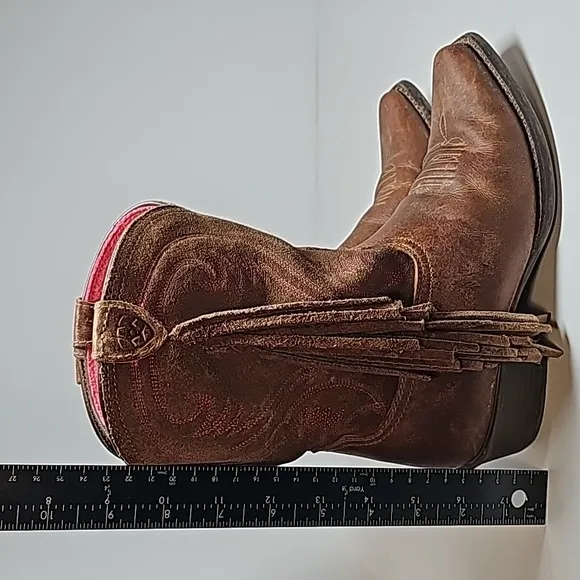 Ariat Fancy Boots Cowboy Cowgirl Western Fringe Distressed D Toe Brown Pink 2.5