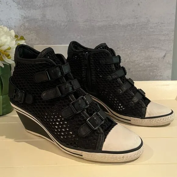 ASH Mesh Wedge Sneakers Black Buckle Details Side Zip Closure…