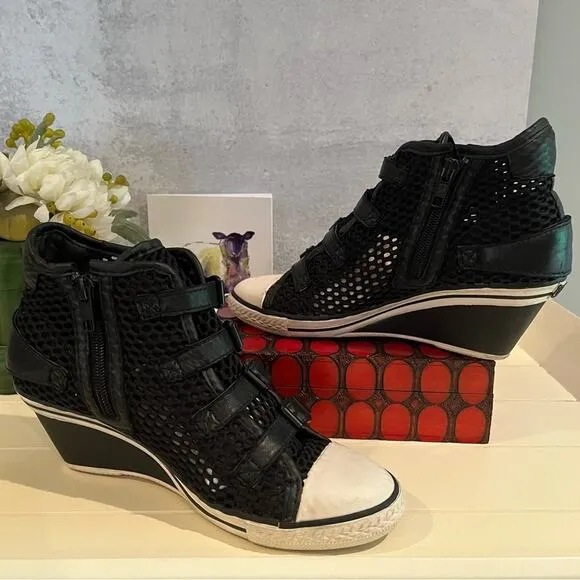 ASH Mesh Wedge Sneakers Black Buckle Details Side Zip Closure…