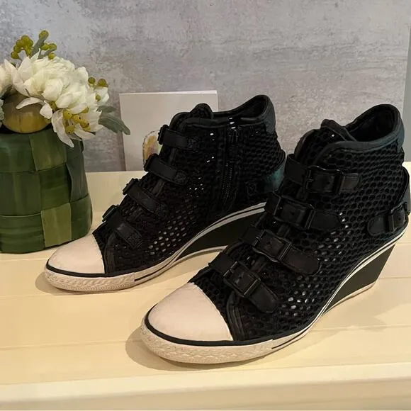 ASH Mesh Wedge Sneakers Black Buckle Details Side Zip Closure…