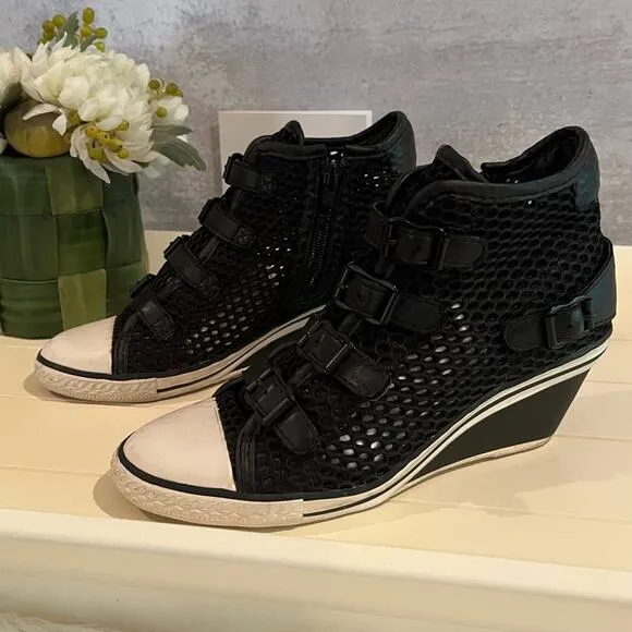 ASH Mesh Wedge Sneakers Black Buckle Details Side Zip Closure…