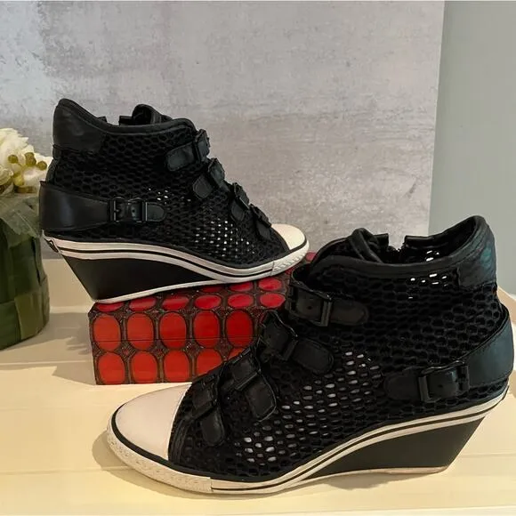 ASH Mesh Wedge Sneakers Black Buckle Details Side Zip Closure…
