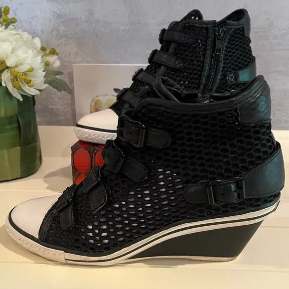 ASH Mesh Wedge Sneakers Black Buckle Details Side Zip Closure…