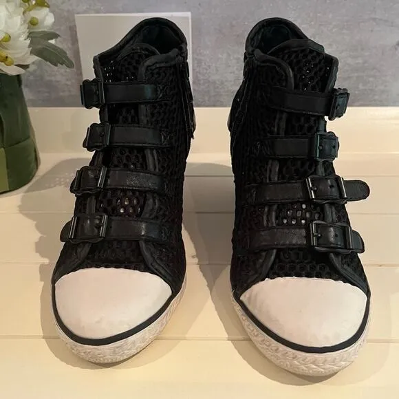 ASH Mesh Wedge Sneakers Black Buckle Details Side Zip Closure…
