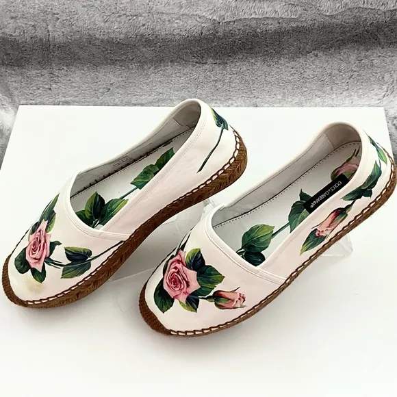 AUTH! NEW! Dolce &amp; Gabbana Flat Rose Flower Printed Espadrilles Shoe 38 8 D&amp;G