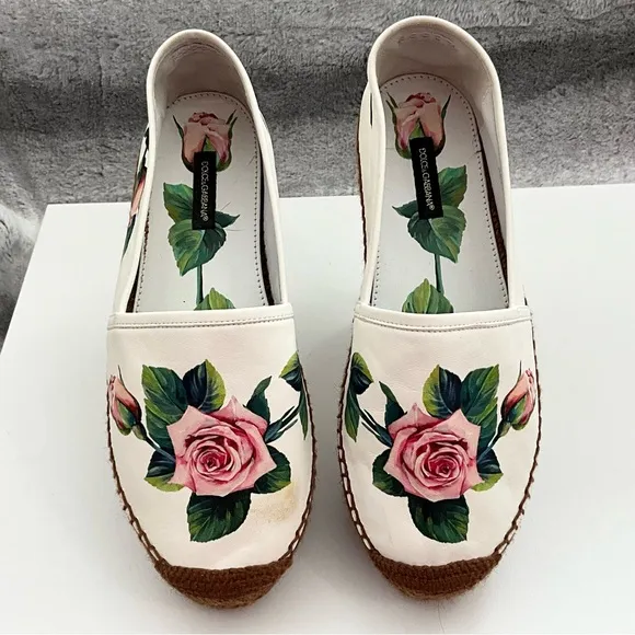 AUTH! NEW! Dolce &amp; Gabbana Flat Rose Flower Printed Espadrilles Shoe 38 8 D&amp;G