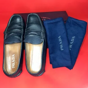 AUTHENTIC PRADA Black Leather Loafers Classic Slip-Ons