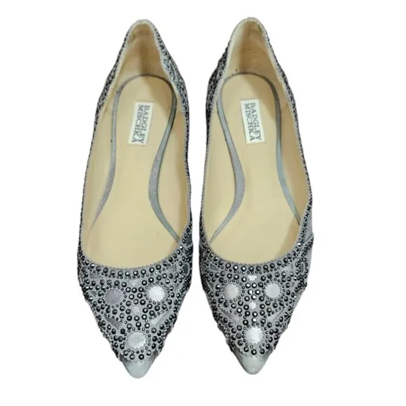 Badgley Mischka Gunmetal Gigi Crystal Platinum Pointed Toe Ballet Flats Shoes 9