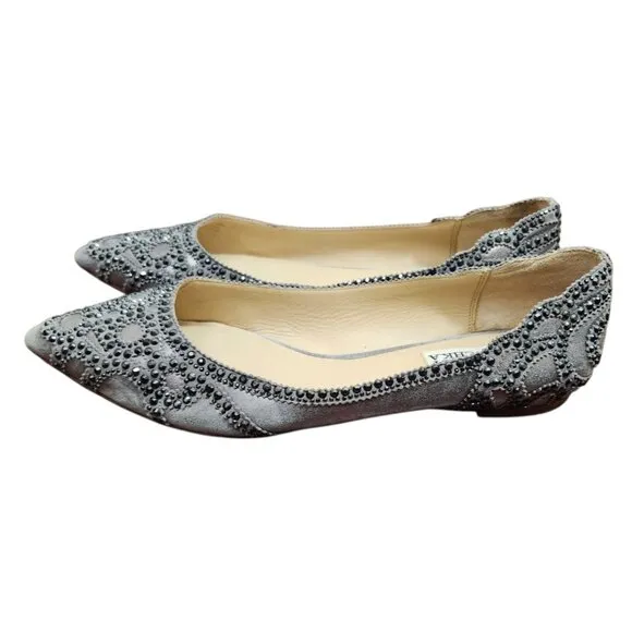 Badgley Mischka Gunmetal Gigi Crystal Platinum Pointed Toe Ballet Flats Shoes 9