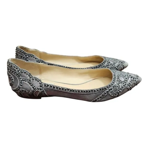 Badgley Mischka Gunmetal Gigi Crystal Platinum Pointed Toe Ballet Flats Shoes 9