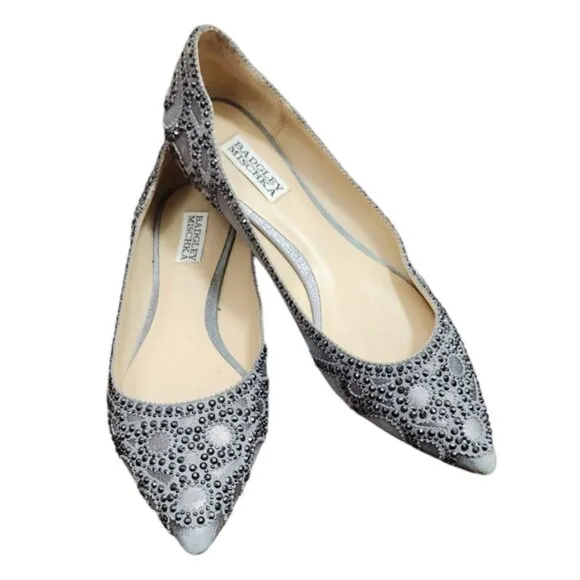 Badgley Mischka Gunmetal Gigi Crystal Platinum Pointed Toe Ballet Flats Shoes 9