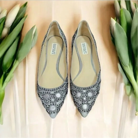 Badgley Mischka Gunmetal Gigi Crystal Platinum Pointed Toe Ballet Flats Shoes 9