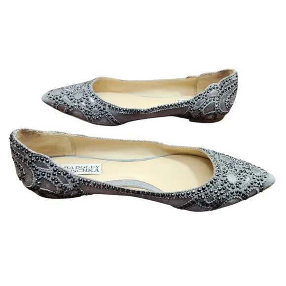 Badgley Mischka Gunmetal Gigi Crystal Platinum Pointed Toe Ballet Flats Shoes 9