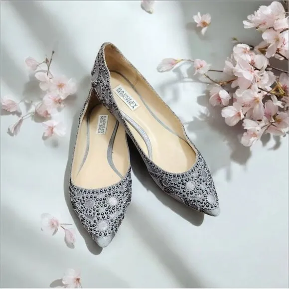 Badgley Mischka Gunmetal Gigi Crystal Platinum Pointed Toe Ballet Flats Shoes 9