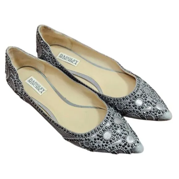 Badgley Mischka Gunmetal Gigi Crystal Platinum Pointed Toe Ballet Flats Shoes 9