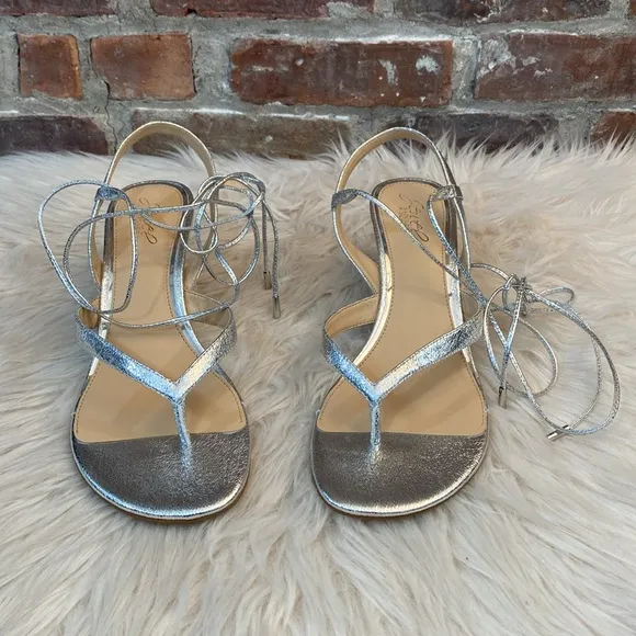 Badgley Mischka Jewel Heeled Silver Lace Up Thong Sandals, Size 11