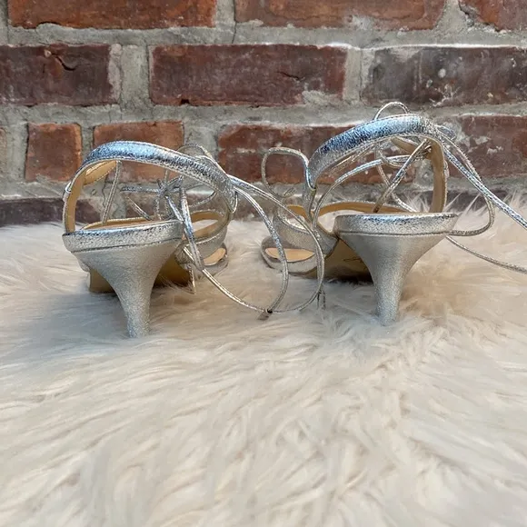 Badgley Mischka Jewel Heeled Silver Lace Up Thong Sandals, Size 11