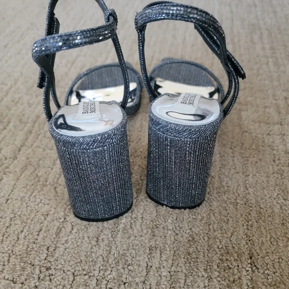 BADGLEY MISCHKA Rebekah Metallic Block-Heel Sandals in Black, Size 8