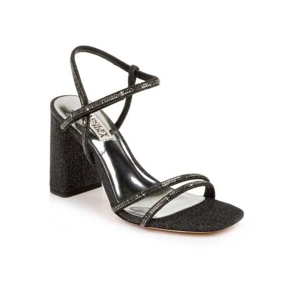 BADGLEY MISCHKA Rebekah Metallic Block-Heel Sandals in Black, Size 8