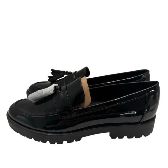 BANDOLINO New $89 Fillup Tassel Lug Sole Black Patent Loafers Size W 8.5