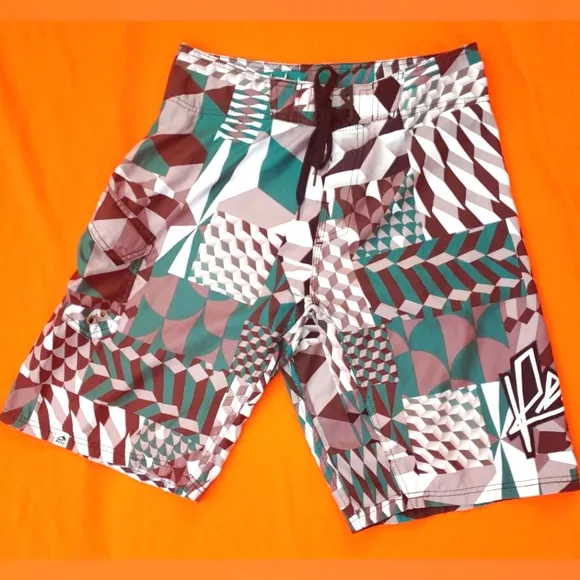 *Beach Classic* Reef Geometric Pattern Board Shorts Brown/Green 32