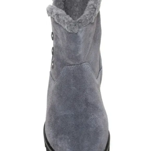 BearPaw Twill wedge heel boots Sherpa lined charcoal size 10 suede