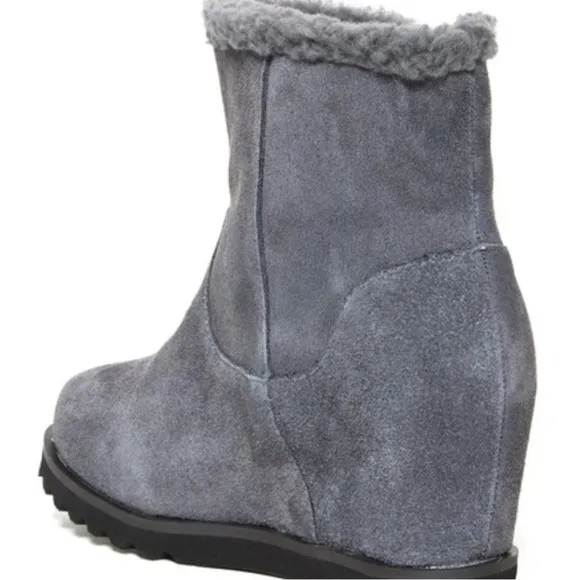 BearPaw Twill wedge heel boots Sherpa lined charcoal size 10 suede