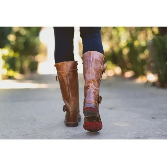 Bed Stu Gogo Lug Tan Rustic Riding Knee High Buckles Wide Calf Boots Size 8.5