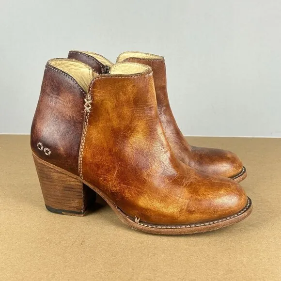 Bed Stu Yell Leather Ankle Boots Booties Womens 7.5 Brown Tan Stacked Heel