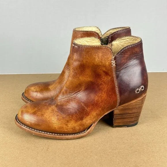Bed Stu Yell Leather Ankle Boots Booties Womens 7.5 Brown Tan Stacked Heel