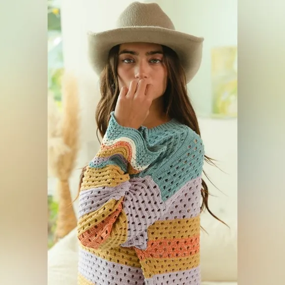 BiBi Crochet Vintage Granny Openwork Knit Long Sleeve Top Wavy Pullover Shirt